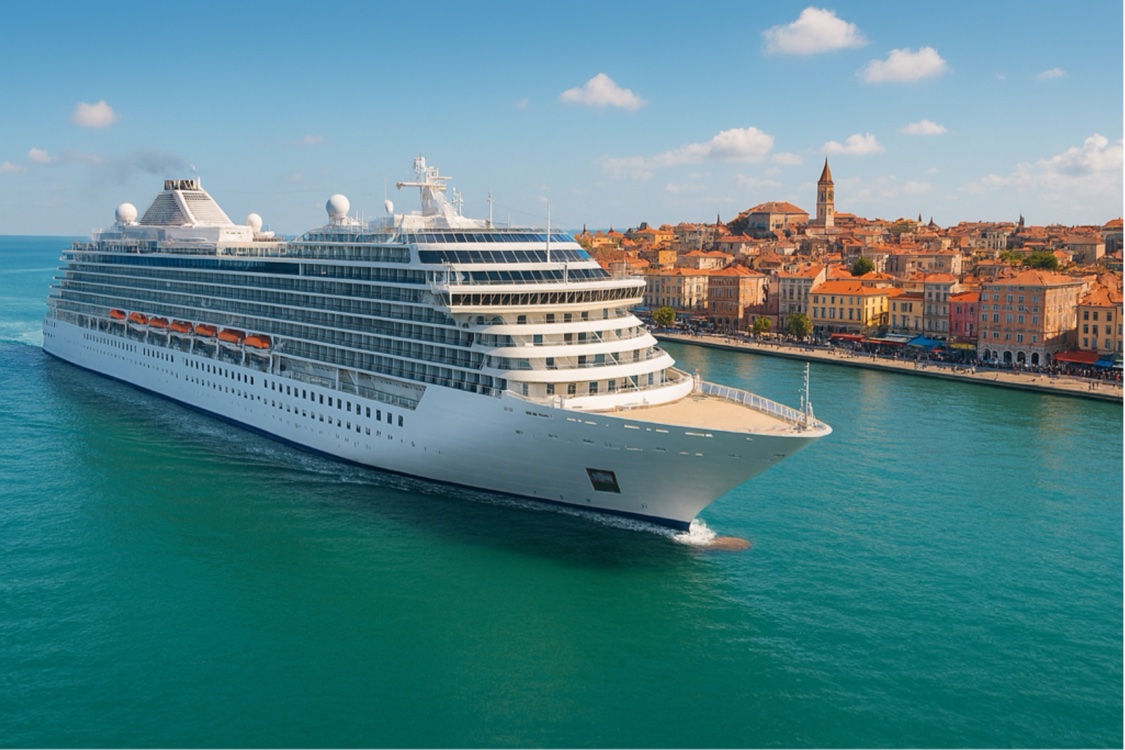 Cruise ship sailing toward a coastal port city